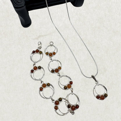 Silver 925 Amber Circle Necklace and Bracelet Set