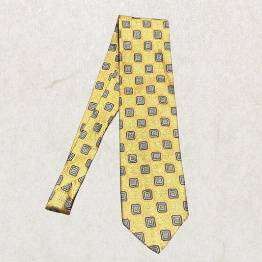 Vintage Robert Talbott Silk Tie – Yellow Geometric Pattern, Made in USA, 100% Silk, 59”