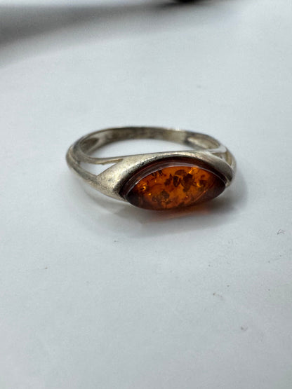 Vintage Sterling Silver Marquise Amber Ring Size 6.5
