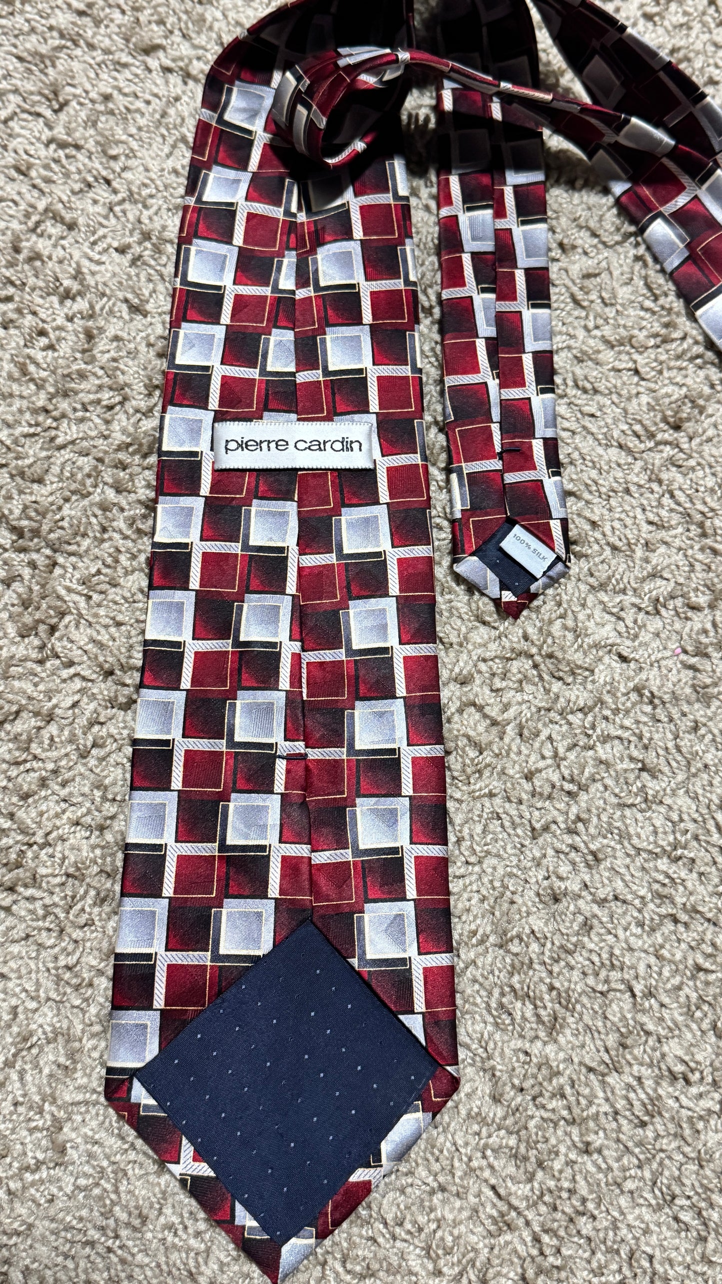 Vintage Pierre Cardin 100% Silk Geometric Tie – Burgundy Gray Abstract Designer Necktie 57” x 4”