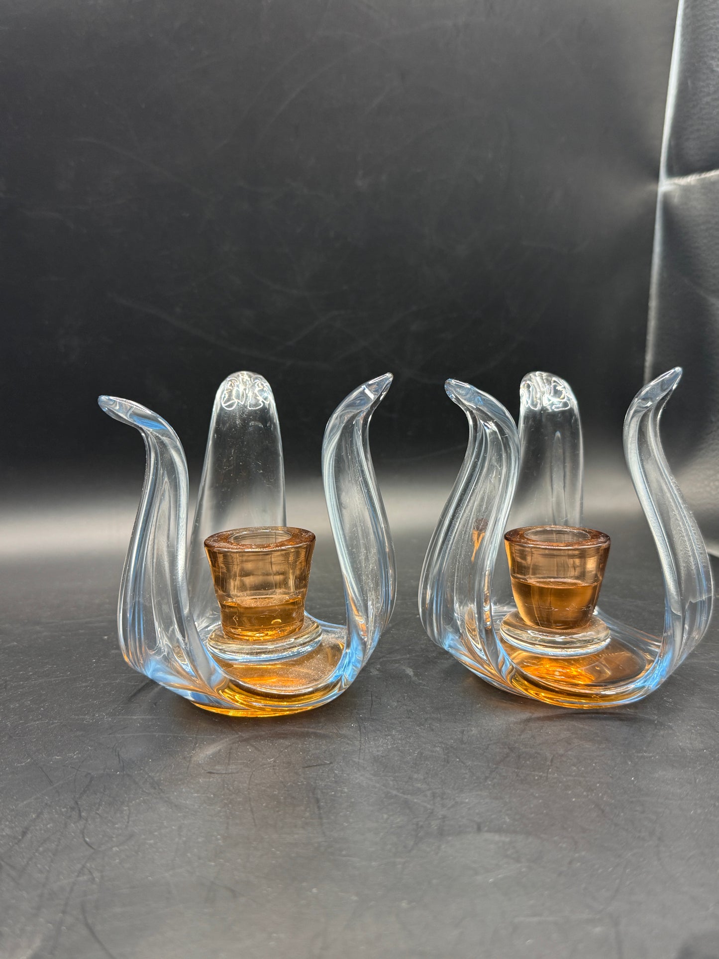 Vintage Art Glass Candle Holders Pair – Amber & Clear Sculptural Mid-Century Style Candlesticks