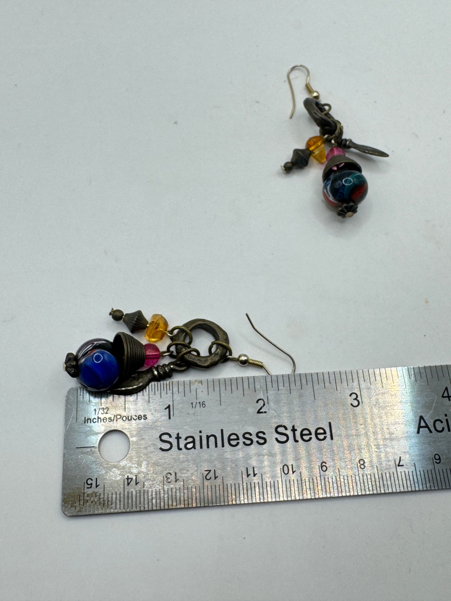 Vintage Boho Art Glass & Bronze Tone Dangle Earrings – Eclectic Artisan Style