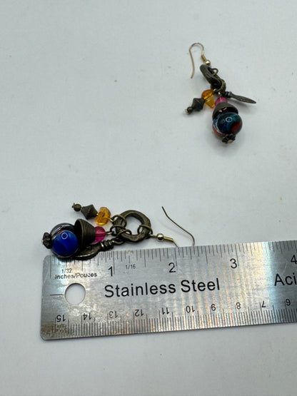 Vintage Boho Art Glass & Bronze Tone Dangle Earrings – Eclectic Artisan Style