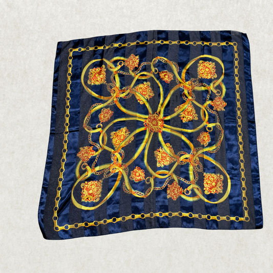 100% Silk Chain Print Scarf, Navy and Gold Baroque Style, 39 x 40 Inches