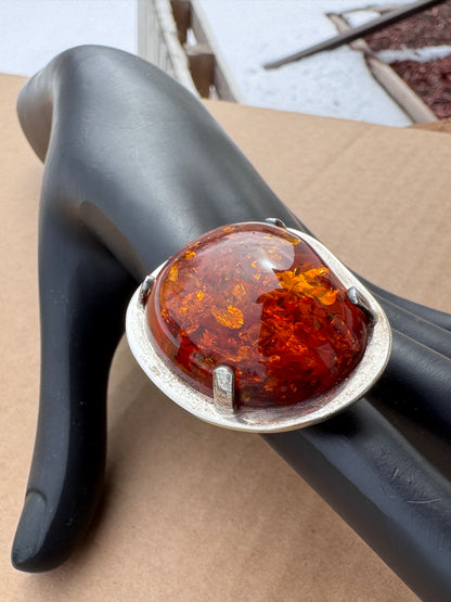 Mogens Godskesen Sterling Silver Ring with Large Baltic Fire Amber, Size 7