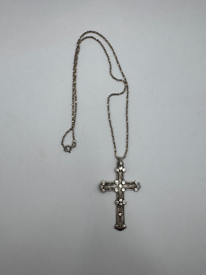 Large Vintage Sterling Silver Cross Necklace – Ornate Design, 925