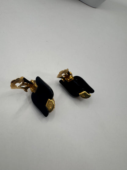 Authentic Vintage Dior Crystal & Black Enamel Clip-On Earrings – 1980s