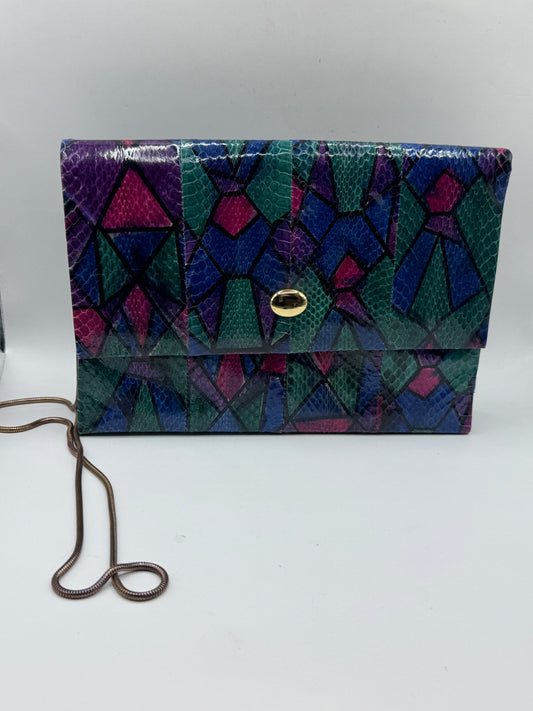 Vintage Vanna White Genuine Snakeskin Clutch – Multicolor Patchwork, Chain Strap, New Old Stock
