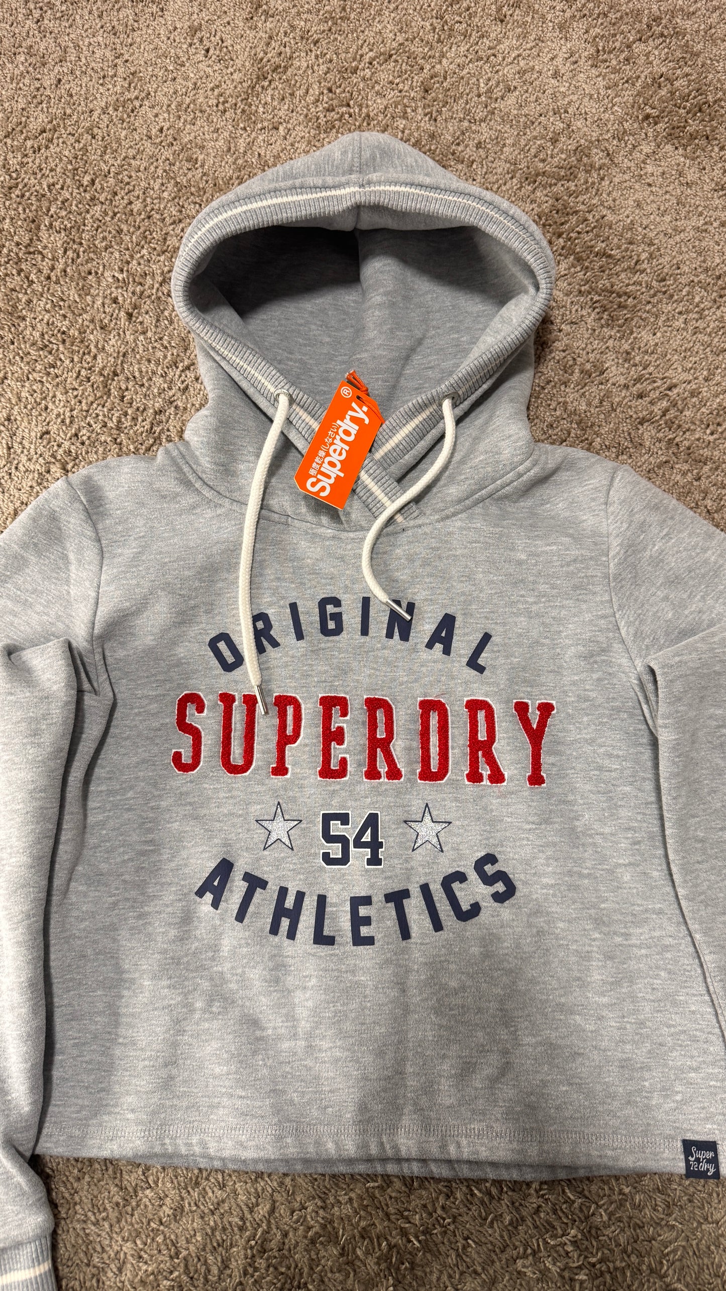 Superdry Women’s Cropped Hoodie – Size S, Grey, “Original Superdry Athletics” Graphic, NWT