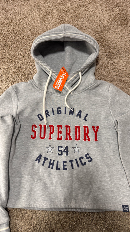 Superdry Women’s Cropped Hoodie – Size S, Grey, “Original Superdry Athletics” Graphic, NWT