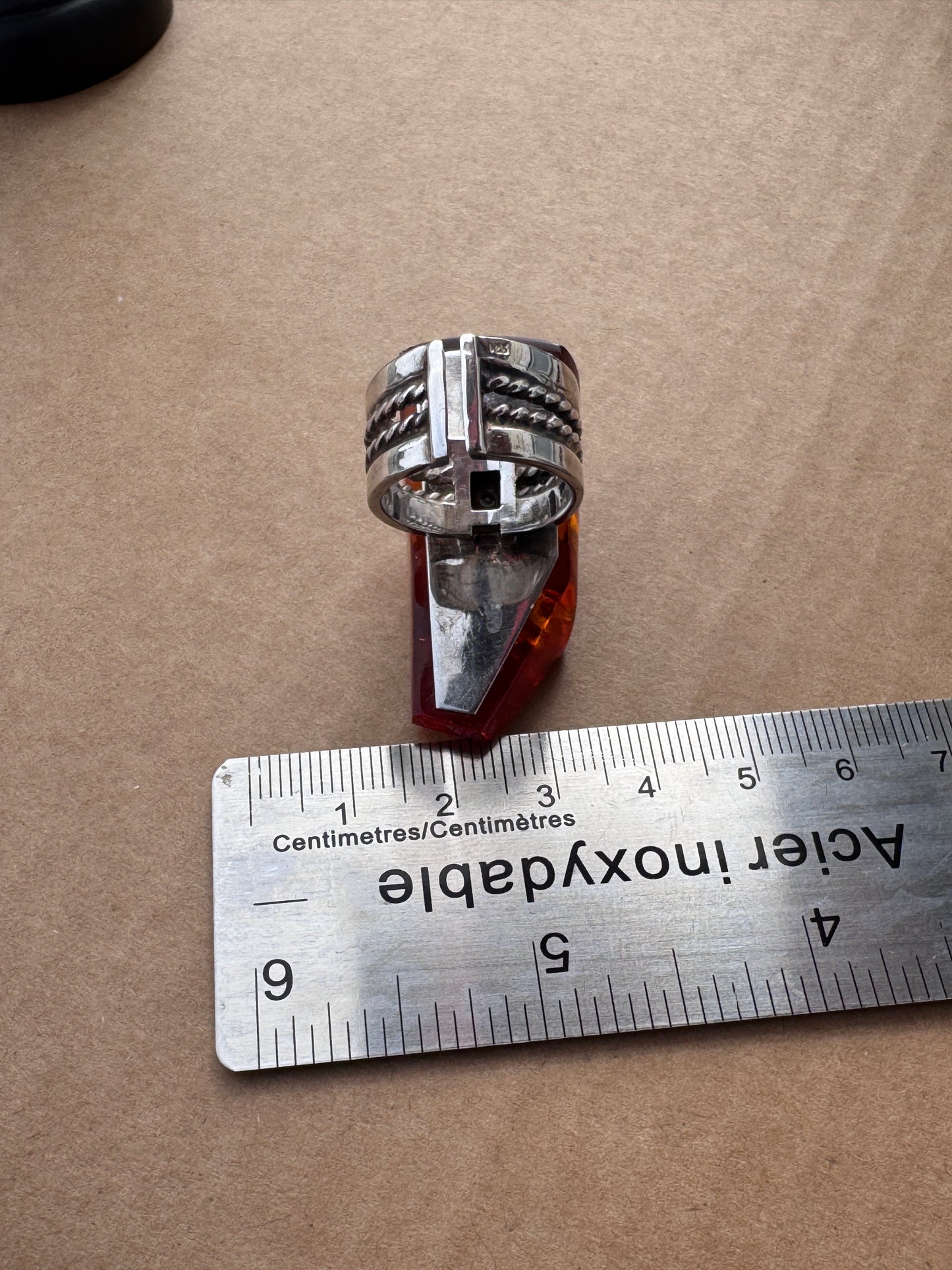 Sterling Silver Ring with Large Faceted Fire Amber, Size 7 Adjustable