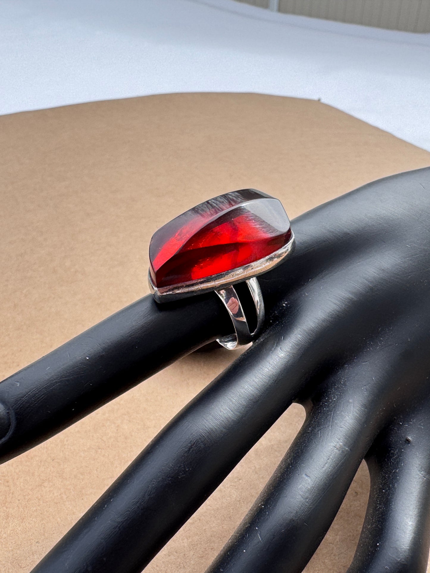 Sterling Silver Ring with Red Fire Amber, Size 9