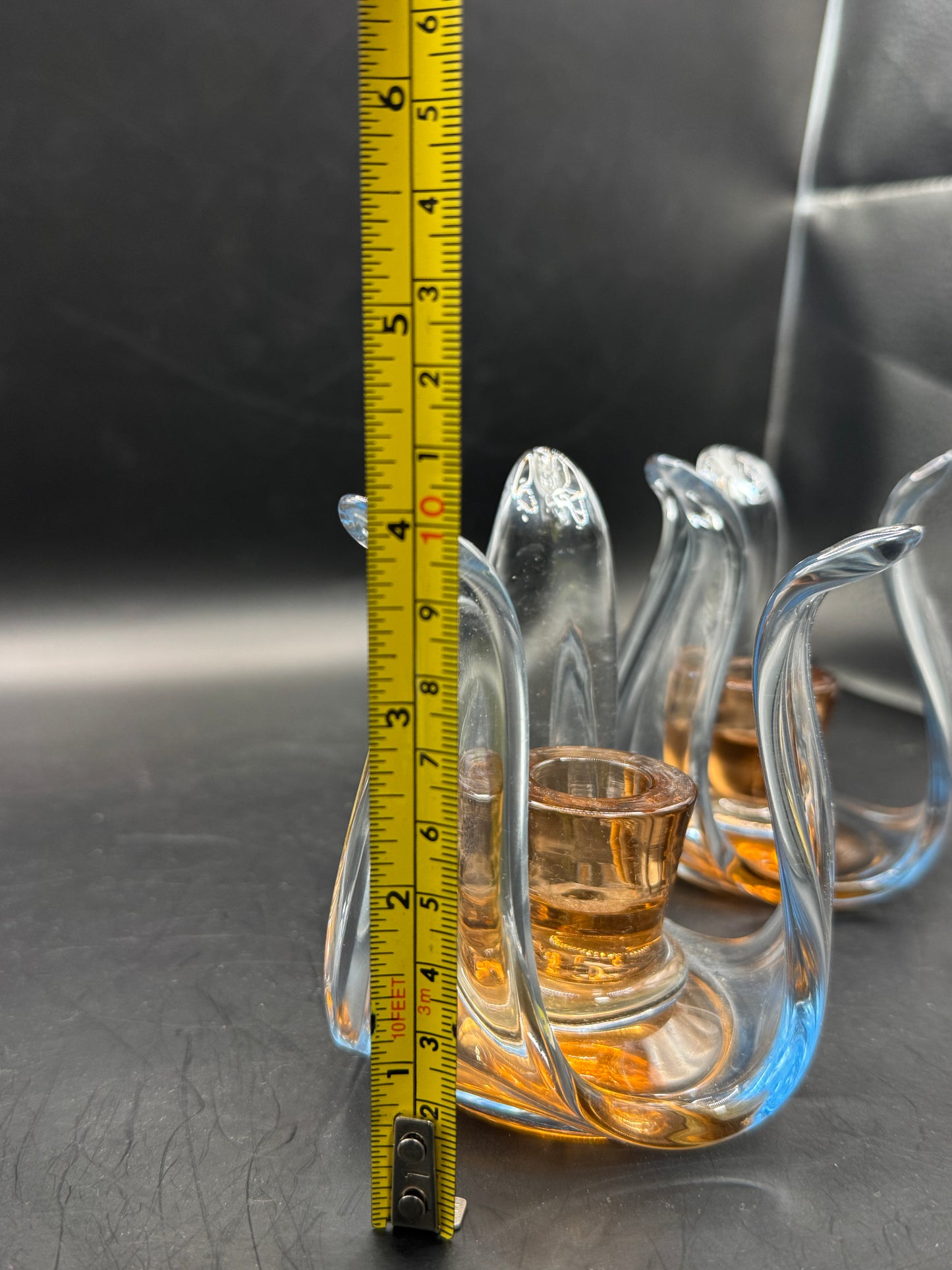Vintage Art Glass Candle Holders Pair – Amber & Clear Sculptural Mid-Century Style Candlesticks