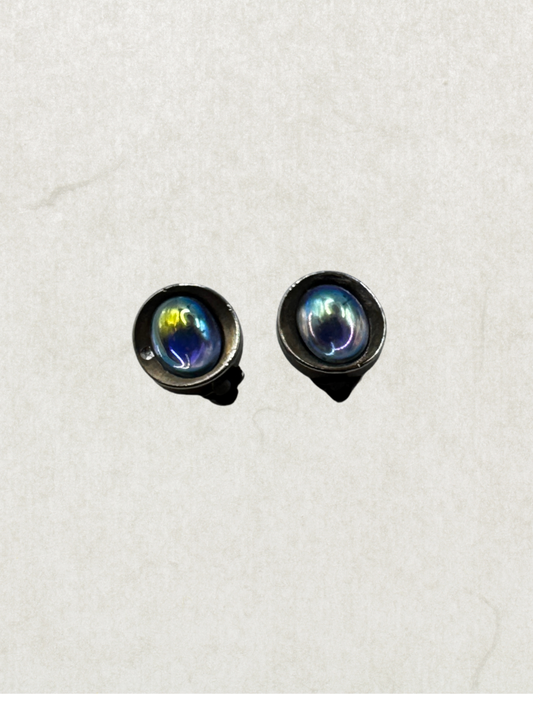 Vintage Art Glass Clip-On Earrings – Iridescent Blue Aurora Cabochon, Silver Tone, Minimalist