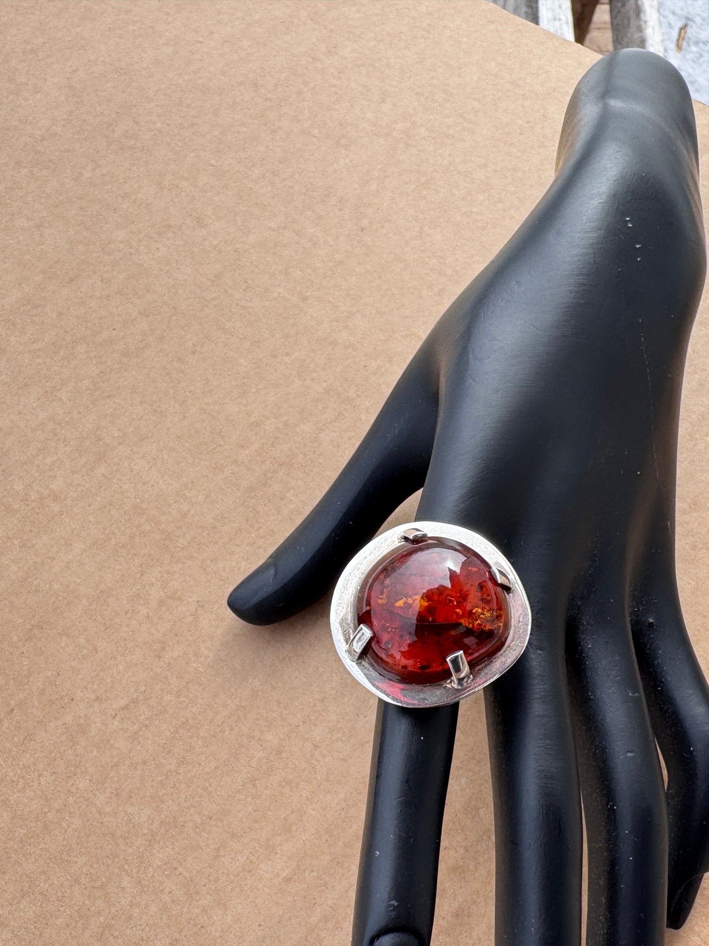 Mogens Godskesen Sterling Silver Ring with Large Baltic Amber, Size 8