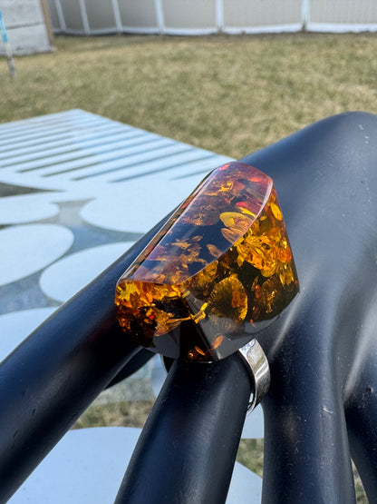 Vintage Sterling Silver Ring with Natural Amber Unique Inclusions Sz 9.5
