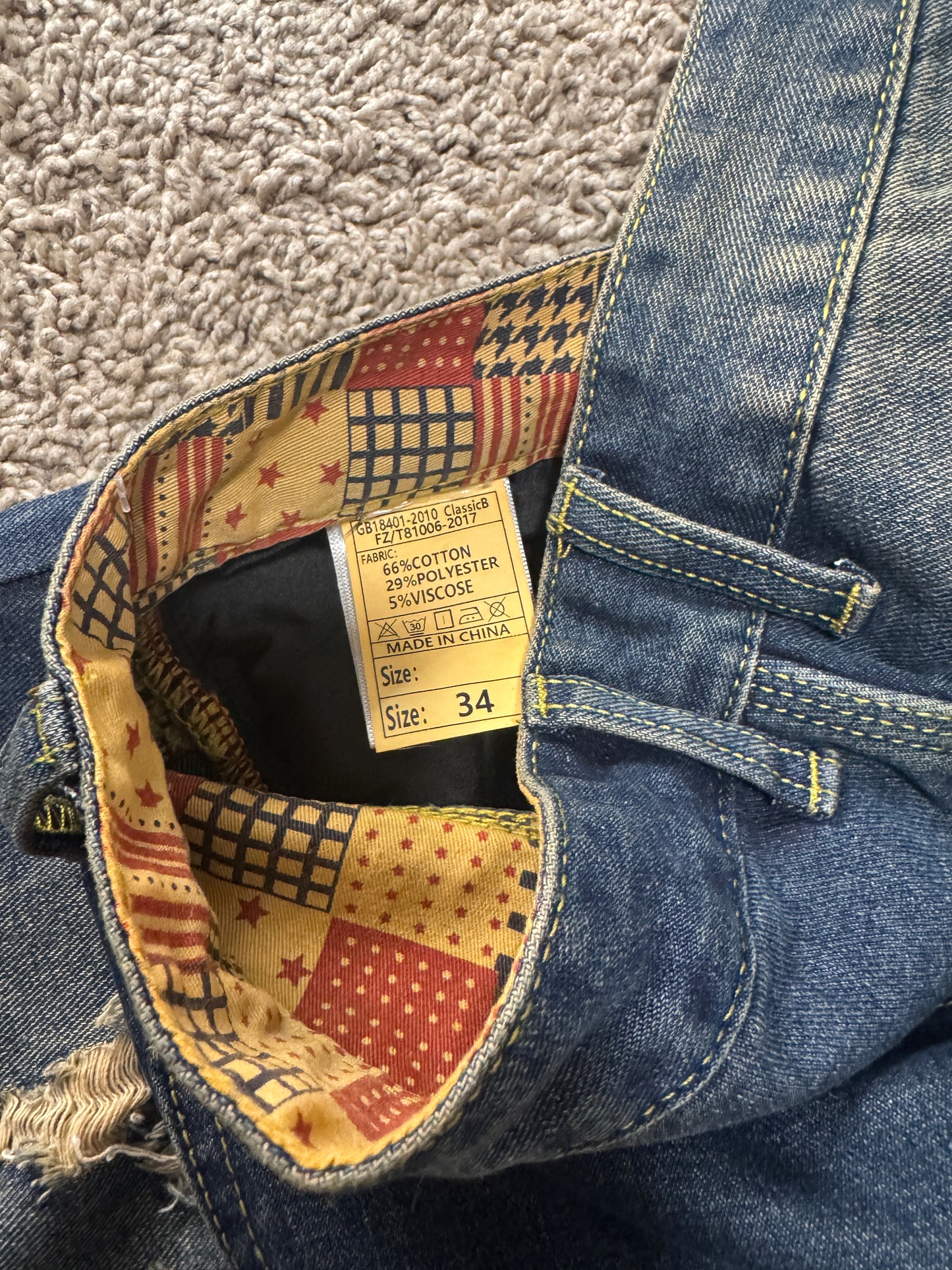 Men’s Distressed Patchwork Jeans – Size 34, Dark Wash, Slim Straight, Ripped Denim w/ Bear Patch