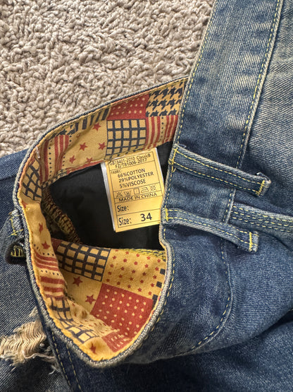 Men’s Distressed Patchwork Jeans – Size 34, Dark Wash, Slim Straight, Ripped Denim w/ Bear Patch