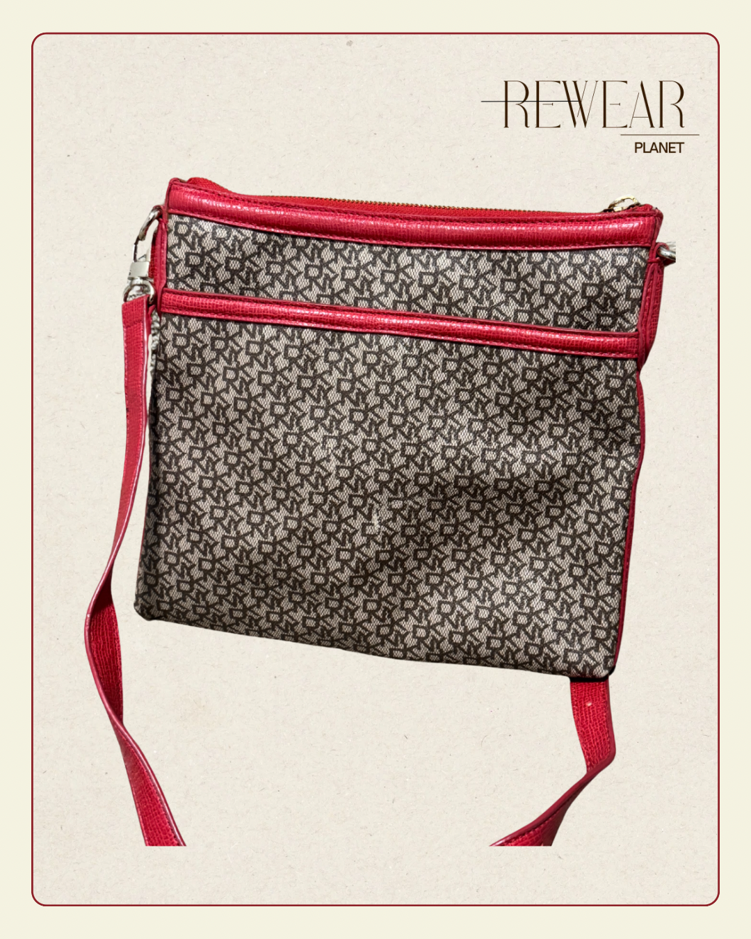 Vintage DKNY Active Crossbody Bag – Monogram Print Red Trim Purse 9.5” x 10”