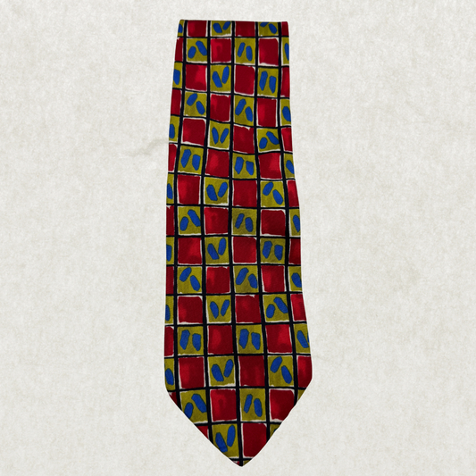 Rare Vintage Hugo Boss Silk Tie – 100% Silk, Abstract Red & Gold Pattern