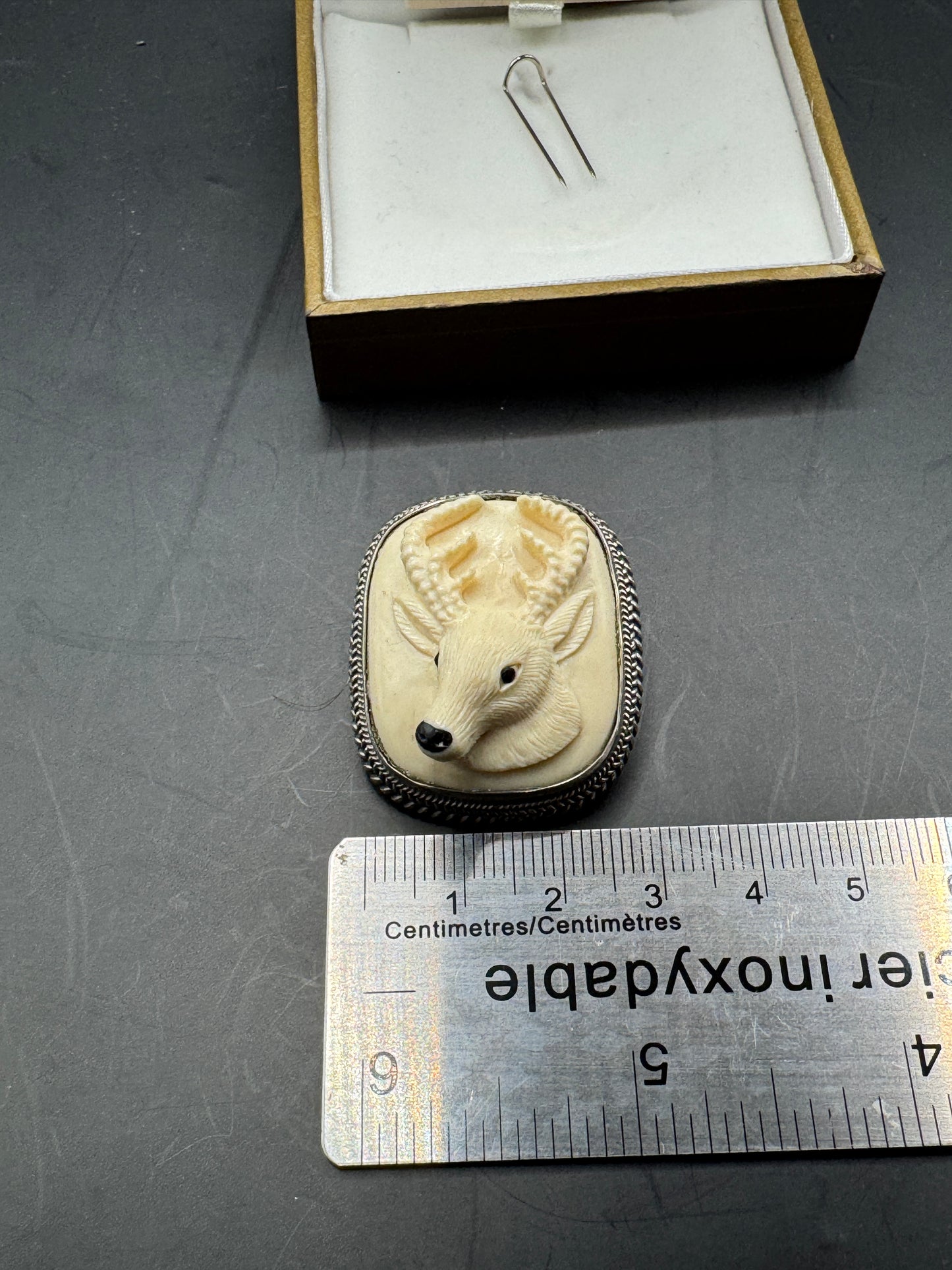 Vintage KORITE Sterling Silver 925 Pendant Brooch – Fossil Mammoth Ivory Deer Carving – CITES Exempt – Large Wildlife Statement Piece – New Old Stock