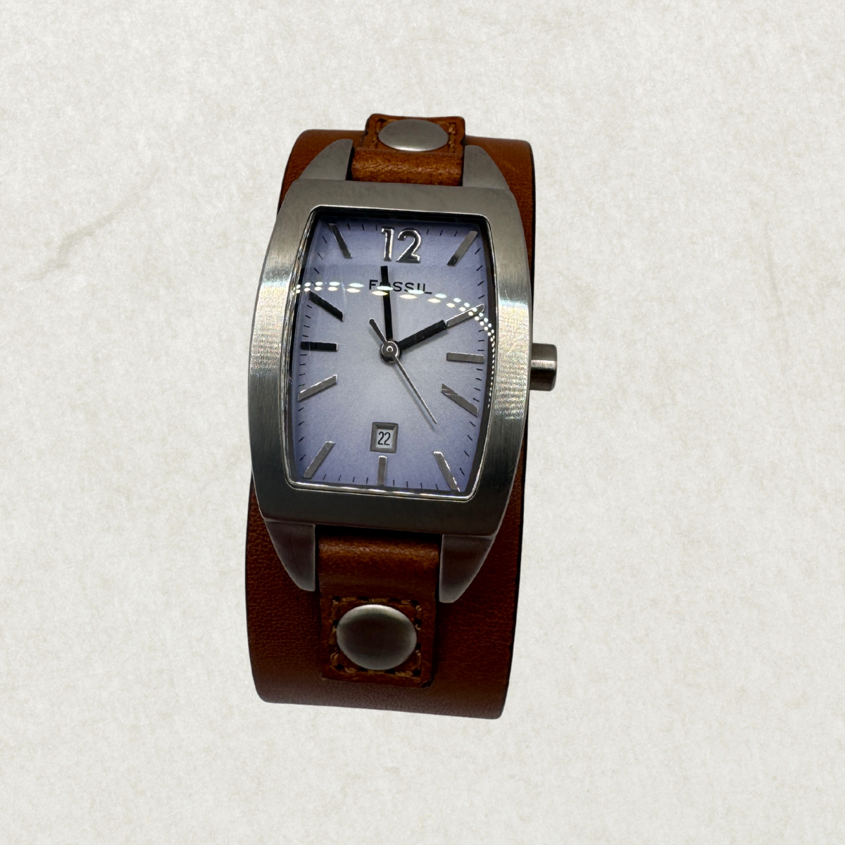 Fossil JR-8130 Women’s Watch – Wide Brown Leather Cuff & Silver-Tone Case