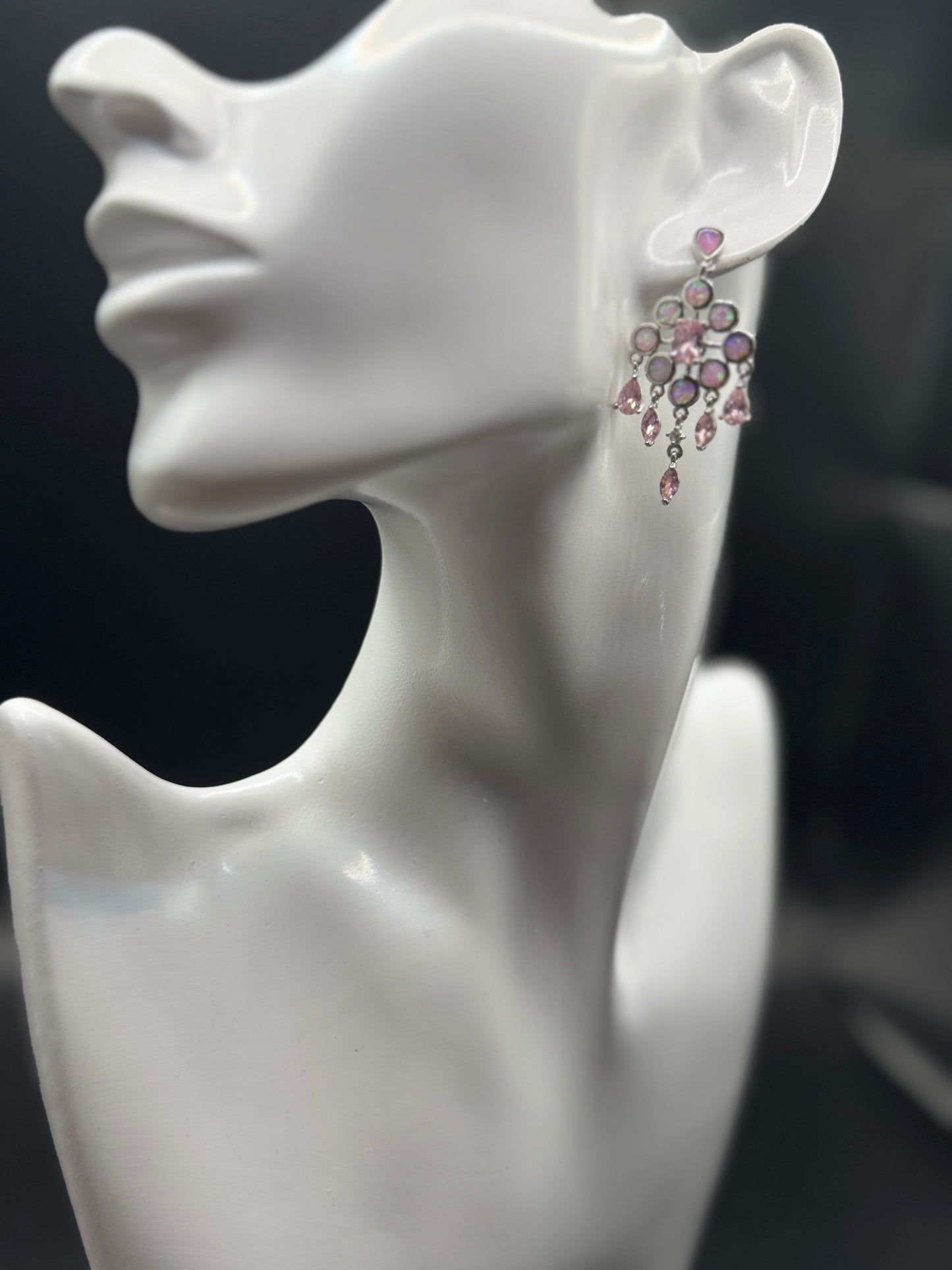 Silver Pink Opal & Crystal Dangle Earrings – Marked 925