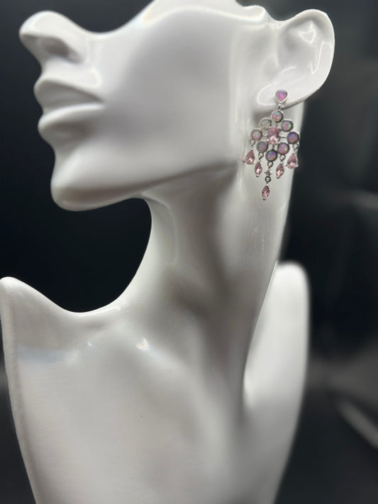 Silver Pink Opal & Crystal Dangle Earrings – Marked 925