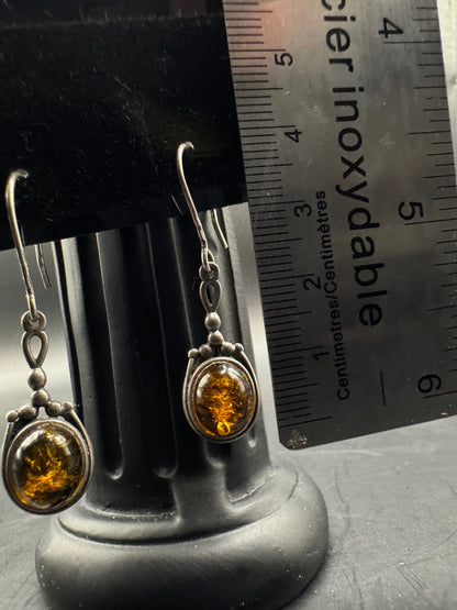 Sterling Silver & Amber Vintage Earrings
