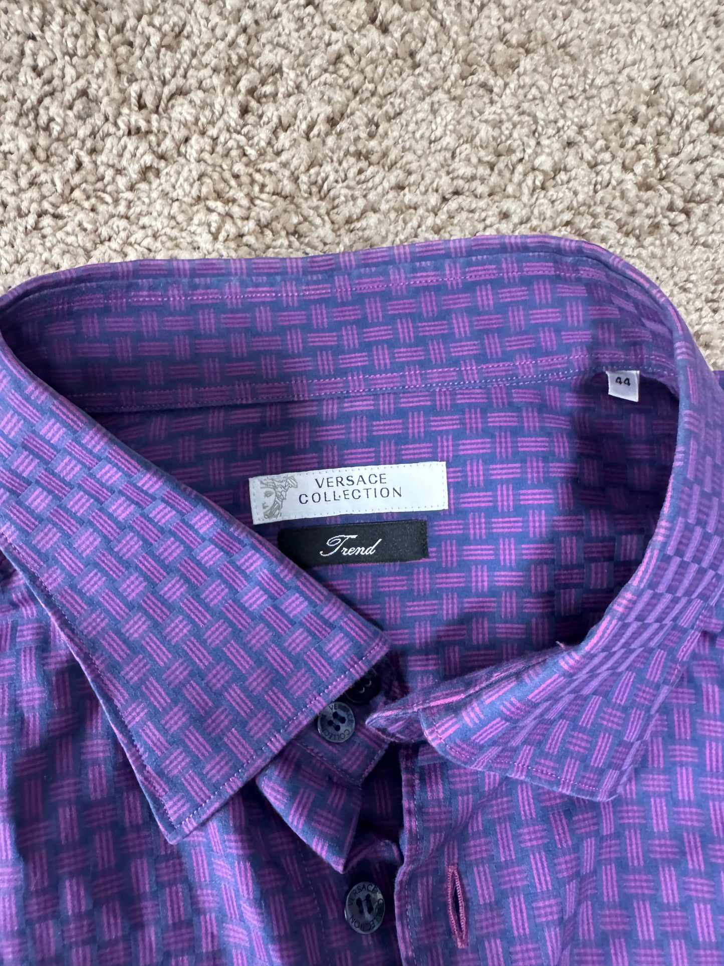 Authentic Versace Collection Men’s Shirt – Size 44, Purple Pattern, Italian Designer