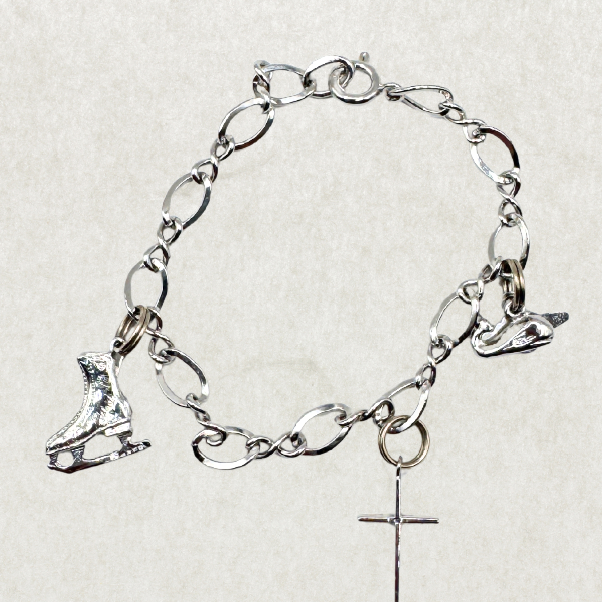 Vintage Sterling Silver Charm Bracelet – Ice Skate & Cross Charms