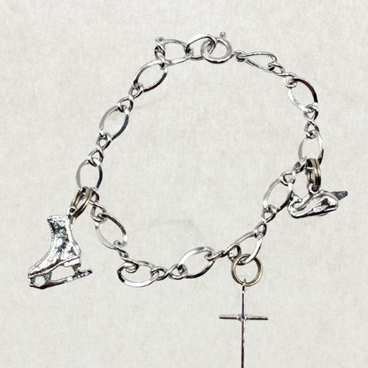 Vintage Sterling Silver Charm Bracelet – Ice Skate & Cross Charms