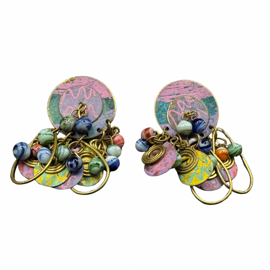 Unique Vintage Bronze Statement Earrings – Colorful Mixed Media Artisan Dangle Earrings
