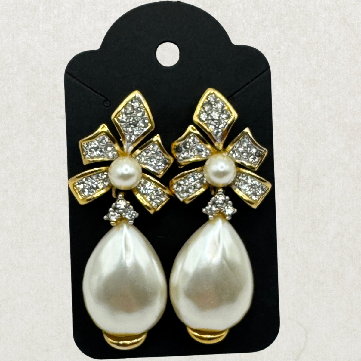 Vintage Gold-Tone Bow Pearl Drop Earrings with Crystal Rhinestones