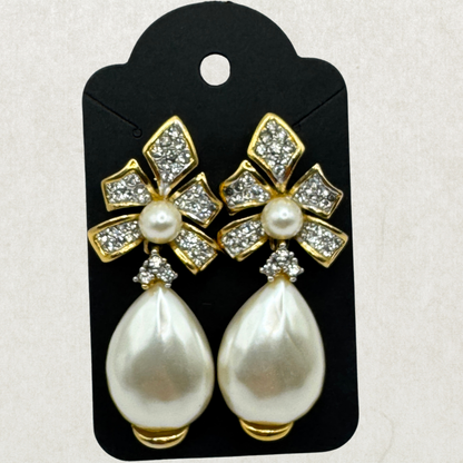 Vintage Gold-Tone Bow Pearl Drop Earrings with Crystal Rhinestones