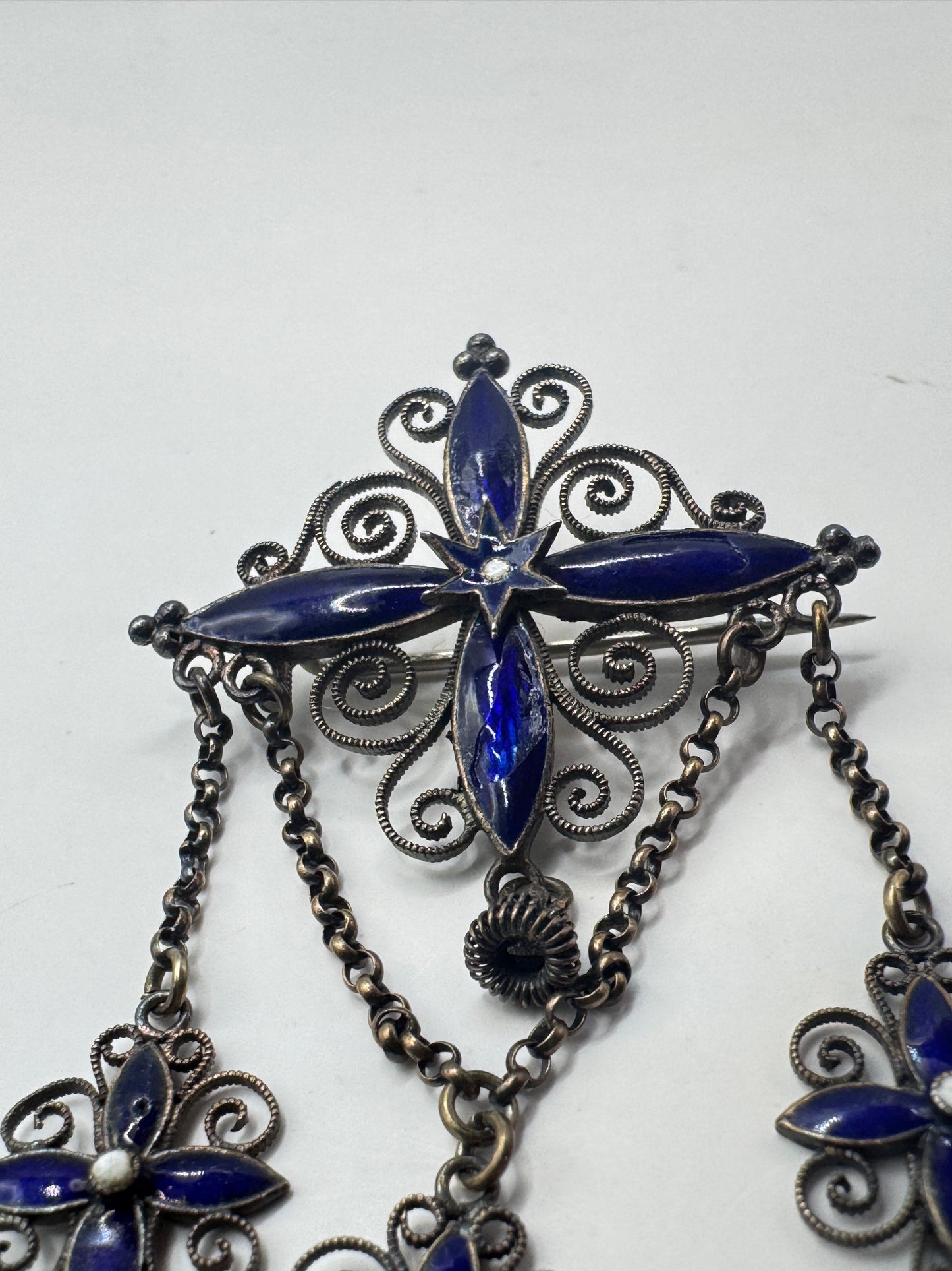 Authentic Antique Marius Hammer Silver 930 Filigree Brooch with Blue Enamel & Thimble Drops, c.1900 – Good Condition