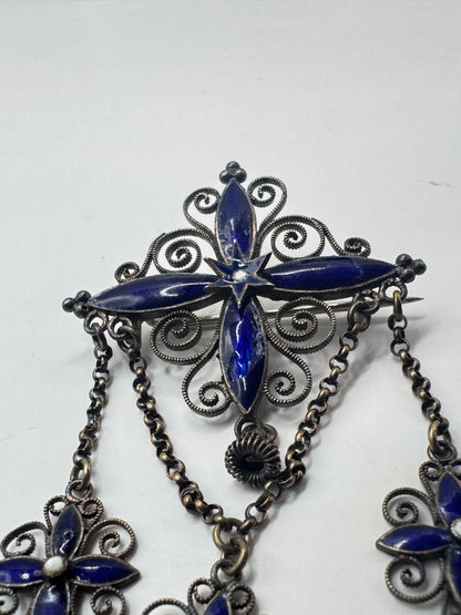 Authentic Antique Marius Hammer Silver 930 Filigree Brooch with Blue Enamel & Thimble Drops, c.1900 – Good Condition