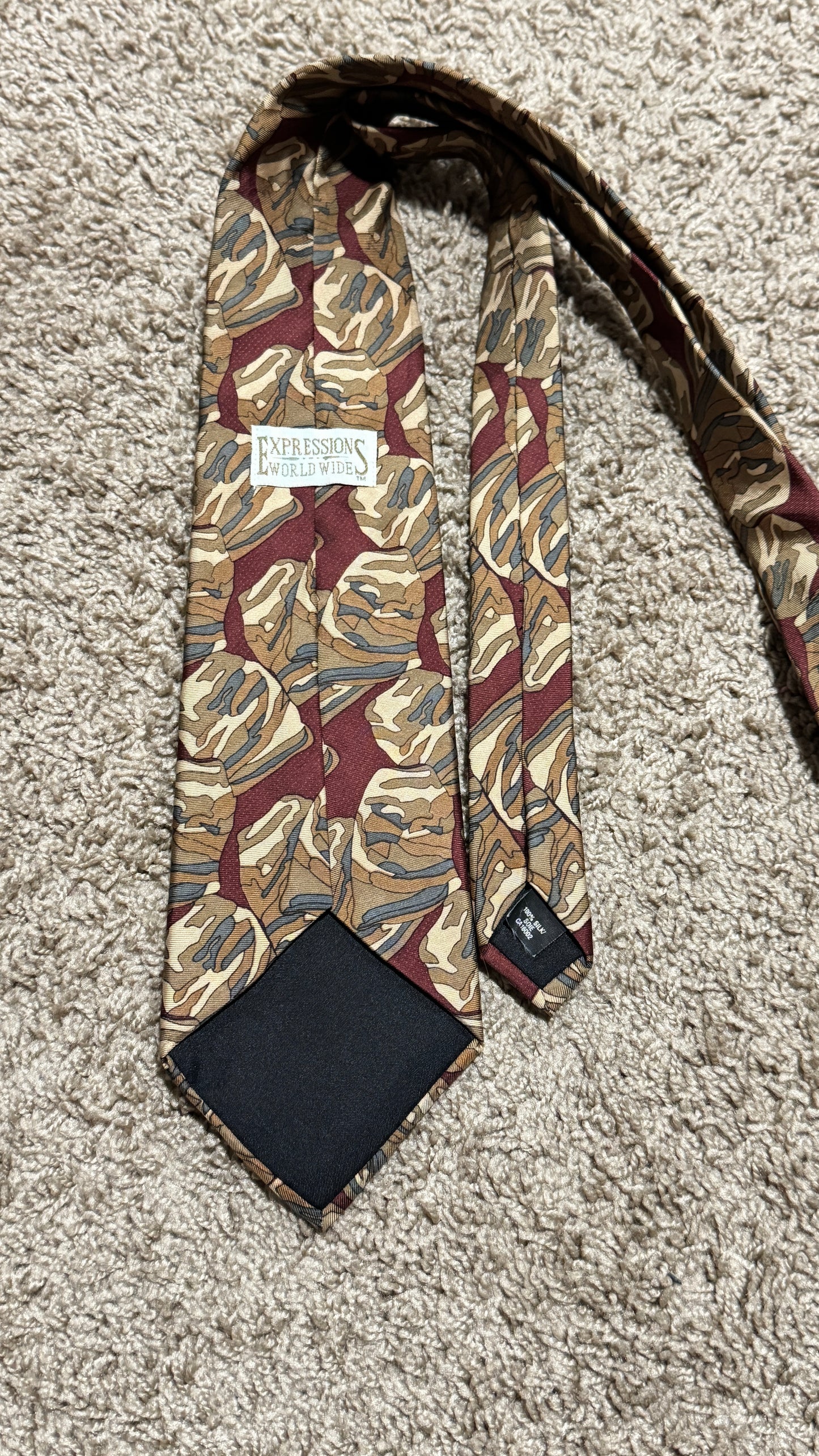 Vintage Expressions World Wide 100% Silk Tie – Abstract Earth Tone Pattern Designer Necktie Burgundy Beige 56” x 4”
