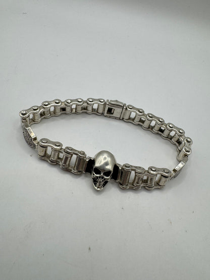 Sterling Silver Harley Davidson Skull Bracelet – 9” Heavyweight Chain, 73g