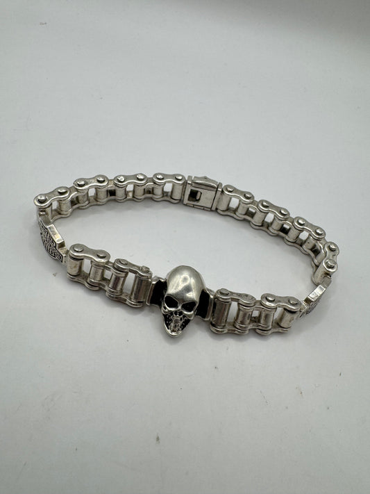 Sterling Silver Harley Davidson Skull Bracelet – 9” Heavyweight Chain, 73g
