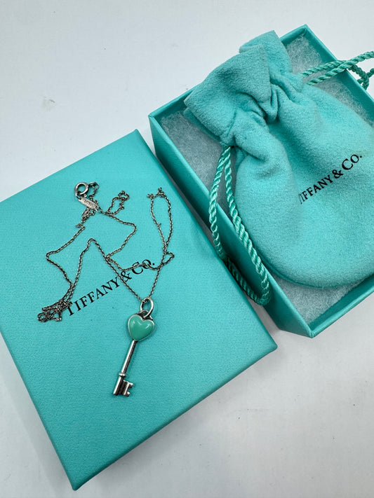 Tiffany & Co. Sterling Silver Heart Key Necklace – Turquoise Enamel