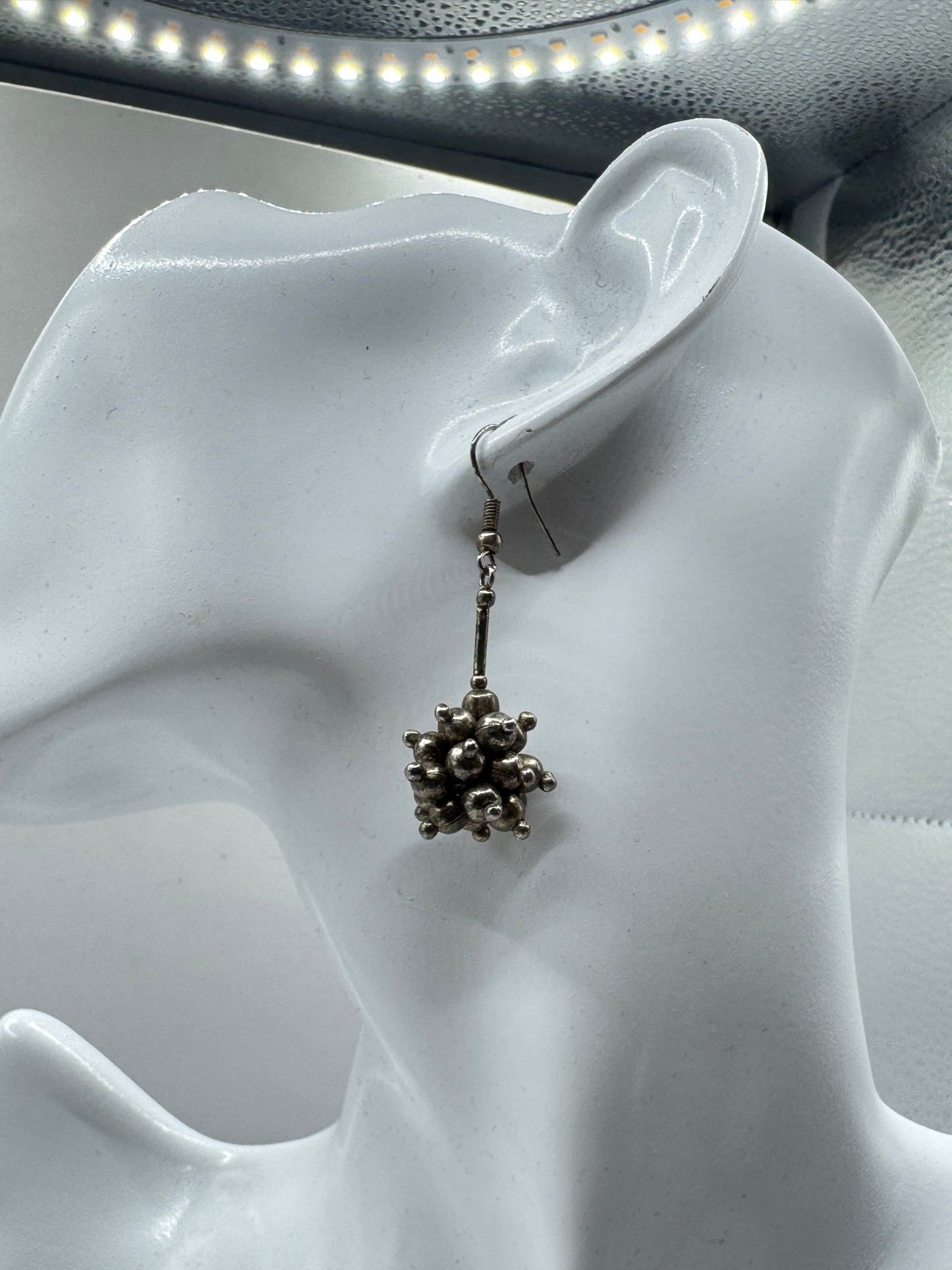 Vintage Silver Tone Drop Earrings – Brutalist Cluster Design, Mid Century 60s–70s
