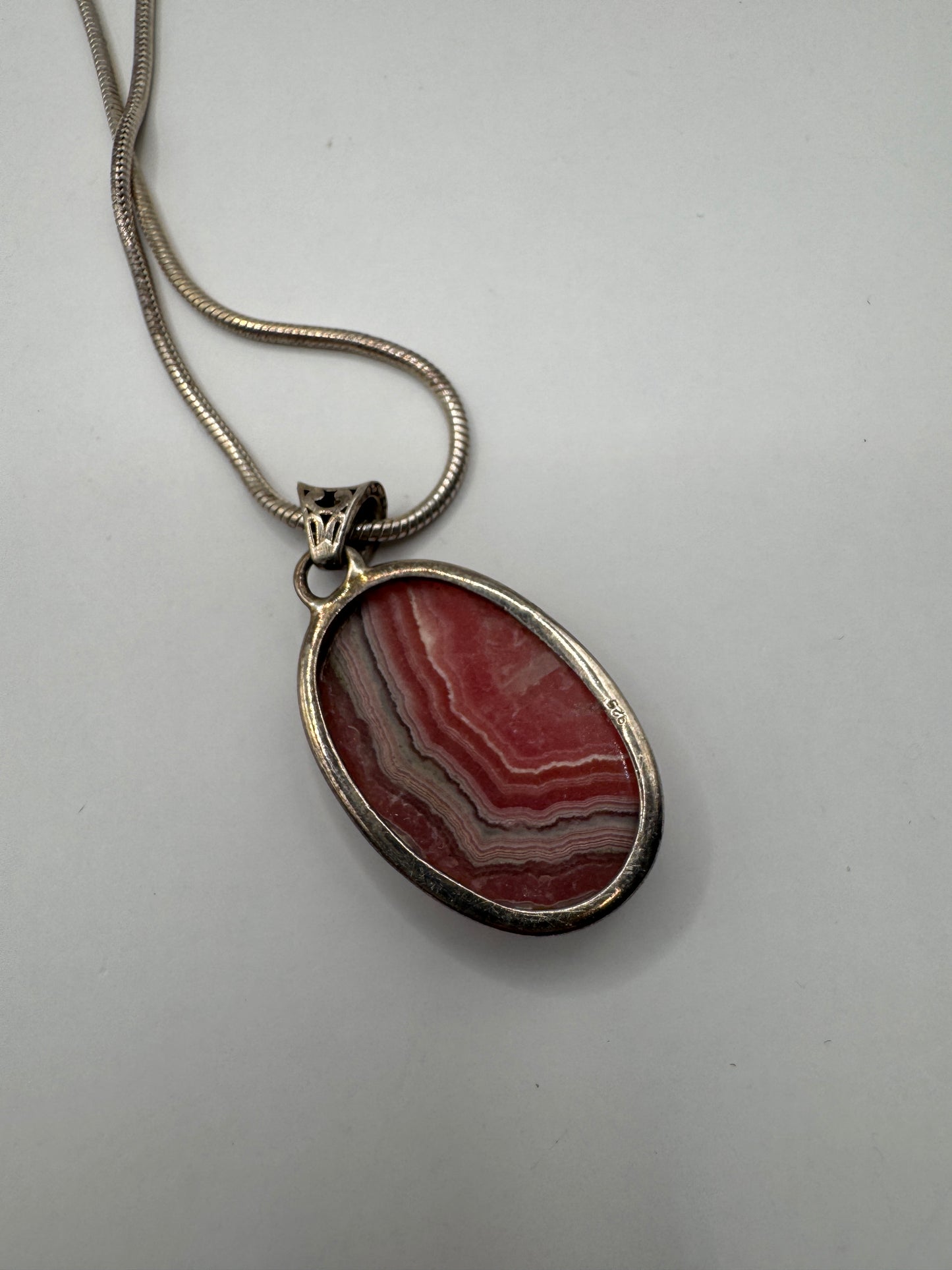 Sterling Silver Rhodochrosite Pendant Necklace – Natural Banded Pink Stone, 925