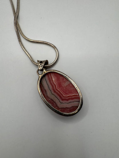 Sterling Silver Rhodochrosite Pendant Necklace – Natural Banded Pink Stone, 925