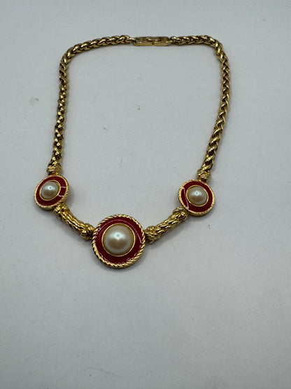 Vintage Richelieu Necklace – Gold Tone, Red Enamel & Faux Pearl, 16”, Statement Piece