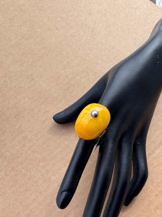 Vintage Mogens Godskesen Huge Sterling Silver Modernist Ring with Butterscotch Baltic Amber, 1970s, Size 8