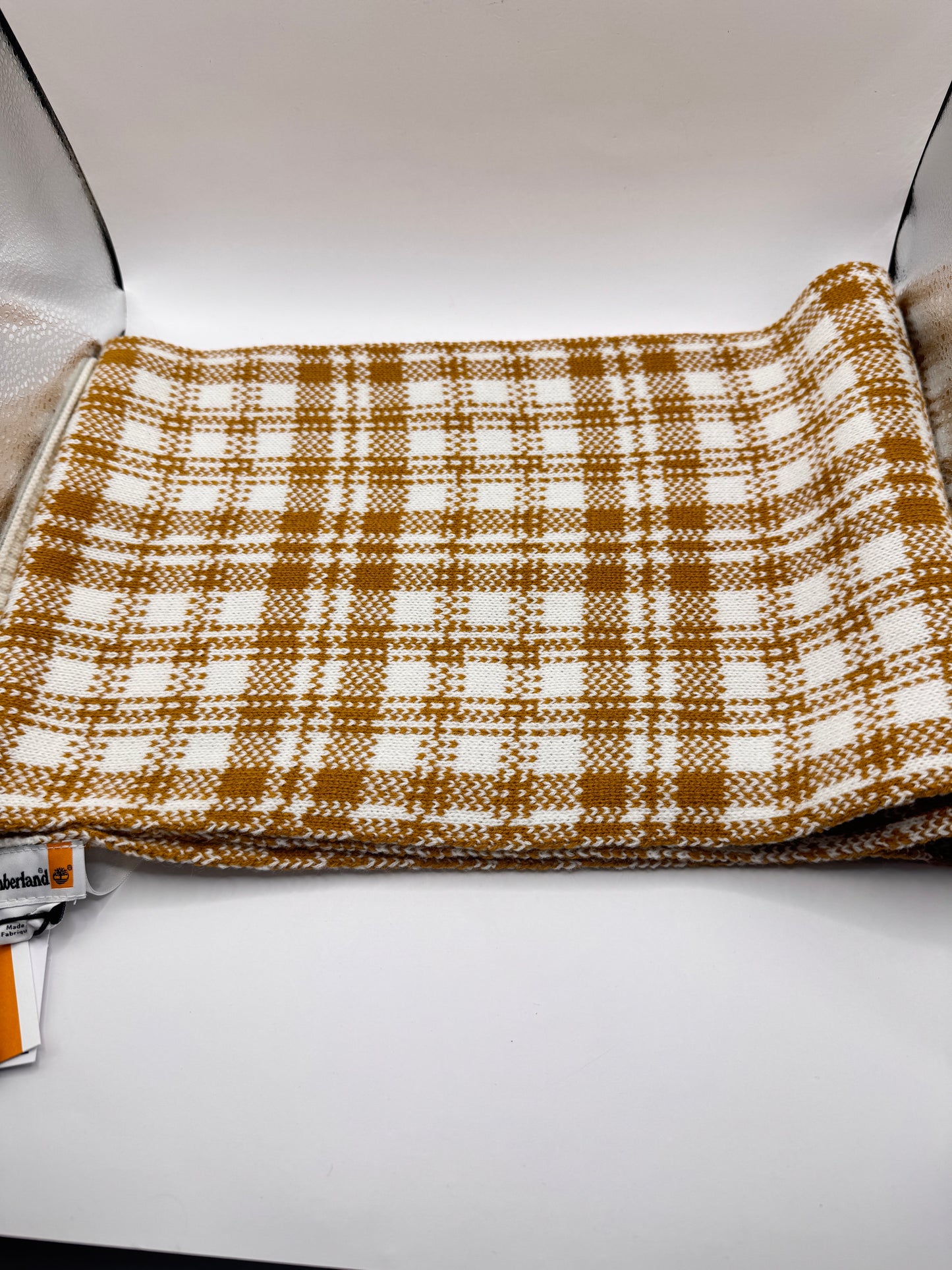 New Timberland Wheat Plaid Scarf – Logo Patch, 64" x 10", NWT