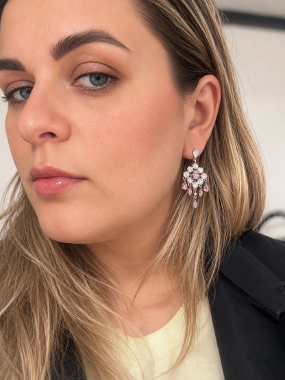 Silver Pink Opal & Crystal Dangle Earrings – Marked 925