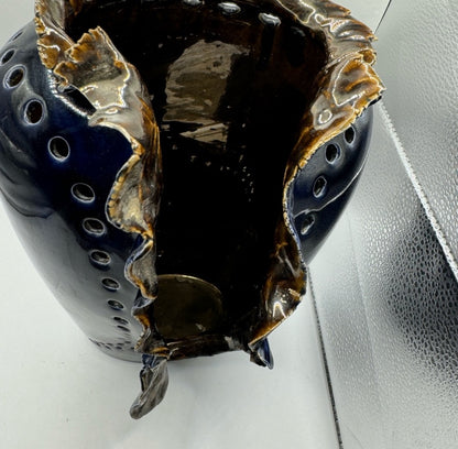 Vintage Porcelain Art Vase, Signed IS – Sculptural Navy Blue, c.1970, 11.5” x 7” x 7.5”