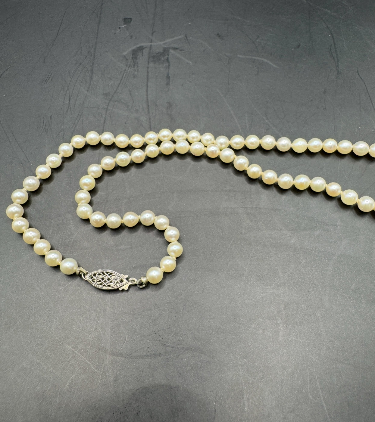 Vintage Mid-Century Pearl Necklace with Sterling Silver Clasp – 16.5” Choker Length